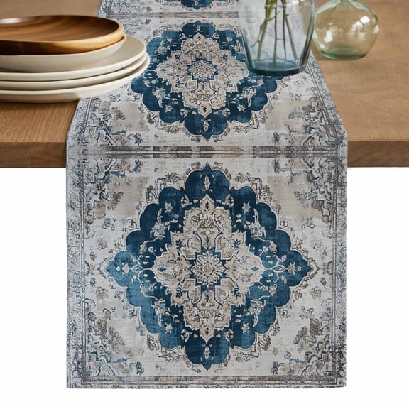 Blue Boho Floral Cotton Linen Table Runner for Dining Kitchen, Vintage National Floral Textured Wedding Outdoor Party Tablerunners Decoration, Dresser Scarf Coffee Tablecloth Runners 13x36 Inches