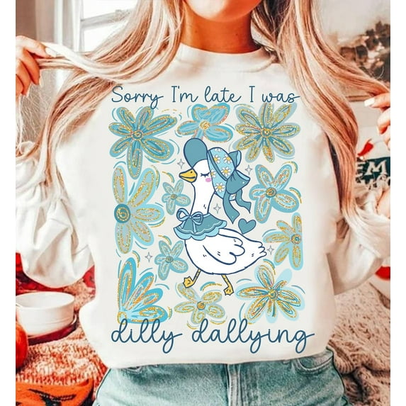 Blue Boho Floral Goose Sweatshirt, Mama Goose Shirt, Spring Floral Glitter Sweatshirt, Sorry I'm Late Goose Shirt, Bow Duck Goose Lover Sweatshirt