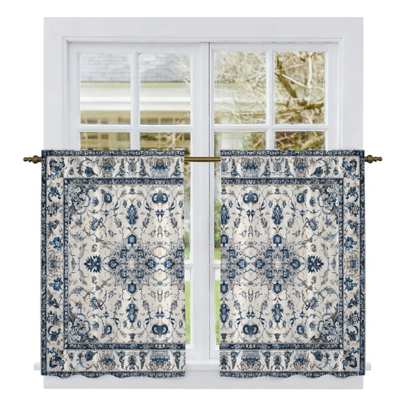 Blue Boho Floral Kitchen Curtains 54 Inch Length, Vintage Farmhouse Botanical Motifs Tiers Curtains for Bathroom Bedroom Cafe, Light Filtering Small Window Treatment Short Drapes 2 Panels 42"Wx54"L