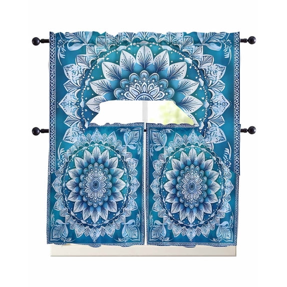 Blue Boho Floral Kitchen Curtains Set for Windows 3 Piece Cafe Curtains ...