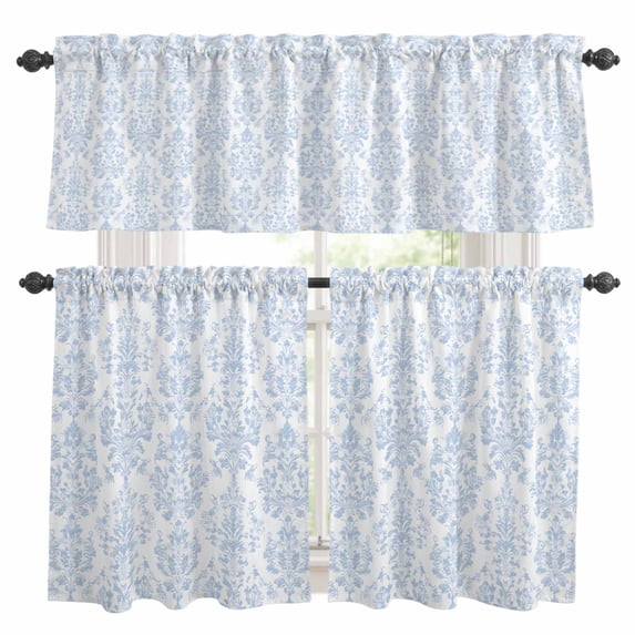 Blue Boho Floral Kitchen Curtains Sets for Windows 36 Inch Length, Farmhouse Middle Century Flowers Rod Pocket Window Treatments Tier Curtains and Valances Set for Bedroom/Bathroom