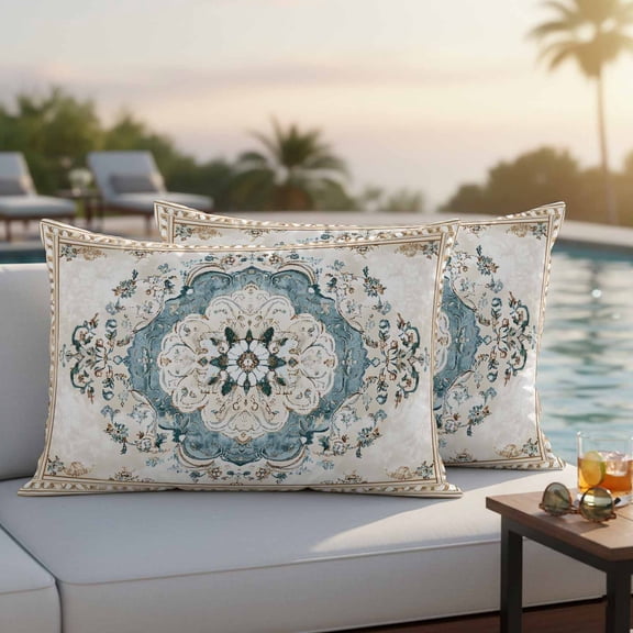 Blue Boho Floral Outdoor Pillow Covers 20x12 Inch Lumbar Pillow Covers Set of 2 Waterproof Decorative Throw Pillow Cases Aztec Ethnic Abstract Aesthetic Art Cushion Covers for Patio Furniture Garden
