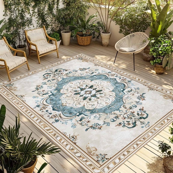 Blue Boho Floral Outdoor Rug 3x5 Ft - Reversible Patio Rug Outdoor Camping Rugs, Aztec Ethnic Abstract Aesthetic Art Washable Indoor Outdoor Area Rugs, Non-Slip Outdoor Carpet Runner for Deck/Porch
