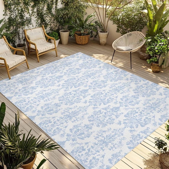 Blue Boho Floral Outdoor Rug 6x9 Ft - Reversible Patio Rug Outdoor Camping Rugs, Farmhouse Middle Century Flowers Washable Indoor Outdoor Area Rugs, Non-Slip Outdoor Carpet Runner for Deck/Porch