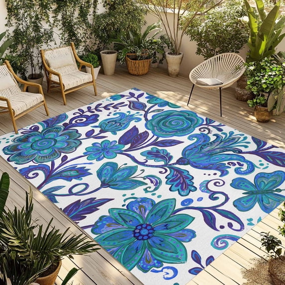Blue Boho Floral Outdoor Rug for Patio/Deck/Porch, Non-Slip Large Area Rug 6 x 9 Ft, Abstract Art Paisley Flower Indoor Outdoor Rugs Washable Area Rugs, Reversible Camping Rug Carpet Runner