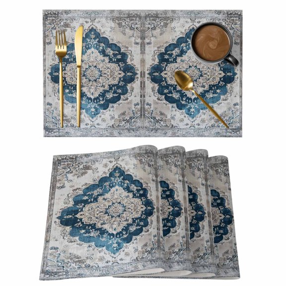 Blue Boho Floral Placemats Set of 4 Vintage National Floral Textured Place Mats Indoor Wipeable Table Mats Washable Cloth Dining Table Placemats for Kitchen Holiday Party Home Decor 13x19 Inch