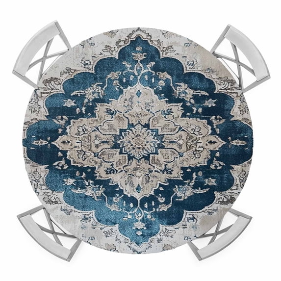 Blue Boho Floral Round Tablecloth for 36-44 Inch Tables, Fitted Table Cover with Elastic Edge, Vintage National Floral Textured Waterproof Outdoor Table Cloth Protector for Patio Garden Dinner Picnic