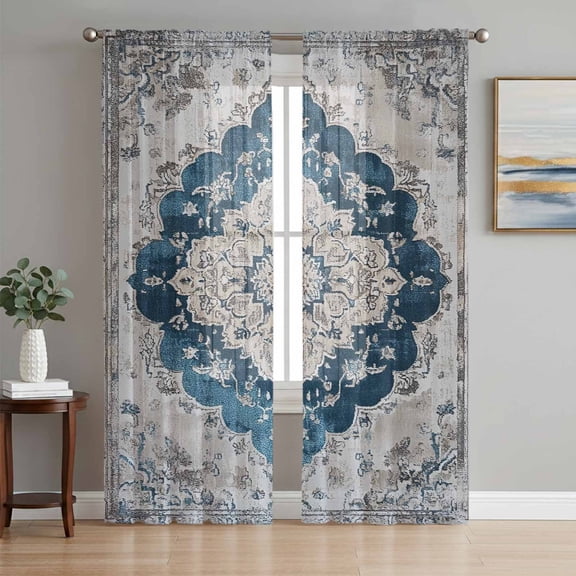 Blue Boho Floral Sheer Curtains 72 Inch Length 2 Panels Set, Vintage National Floral Textured Voile Window Treatment Rod Pocket Curtains Sheers Drapes for Bedroom/Living Room/Kitchen 52"x72"x2