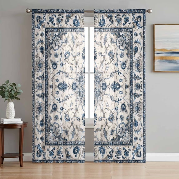 Blue Boho Floral Sheer Curtains 96 Inch Length 2 Panels Set, Vintage Farmhouse Botanical Motifs Voile Window Treatment Semi Sheer Long Curtains Drapes for Bedroom/Living Room/Kitchen 52"x96"x2