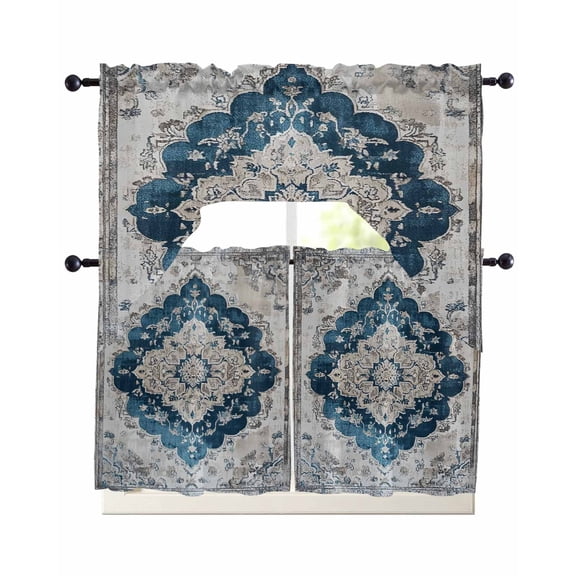 Blue Boho Floral Swag Curtains for Living Room/Bedroom Windows, Vintage National Floral Textured Kitchen Curtains and Valances Set 36 Inch Length, Light Filtering Swags Valance Curtain Panels
