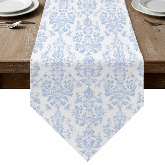 Blue Boho Floral Table Runner Linen Burlap Table Runner 36 Inches Small Farmhouse Middle Century Flowers Dresser Scarves for Kitchen Island Coffee Dining Party Wedding Banquet Holiday Decor 13"x36"