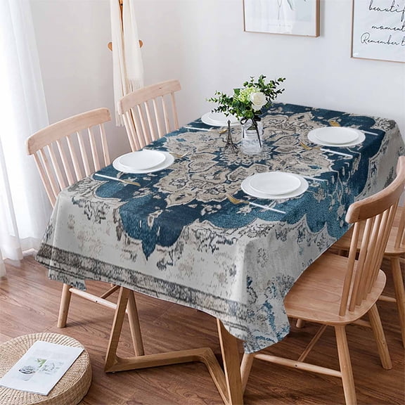 Blue Boho Floral Tablecloth Rectangle Table Cloth 52x70 , Waterproof Tablecloth Outdoor Table Cloth, Vintage National Floral Textured Washable Table Cover for Kitchen Dining Party