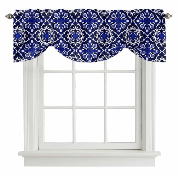 Blue Boho Floral Tie Up Valance Curtains for Windows, Kitchen Curtains Window Shades, Abstract Oriental Bohemian Flower Light Filtering Roman Curtain Valances for Bedroom/Bathroom/Cafe 54"x18"