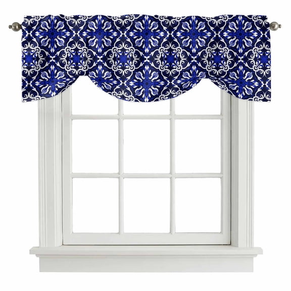 Blue Boho Floral Tie Up Valance Curtains for Windows, Kitchen Curtains Window Shades, Abstract Oriental Bohemian Flower Light Filtering Roman Curtain Valances for Bedroom/Bathroom/Cafe 42"x18"