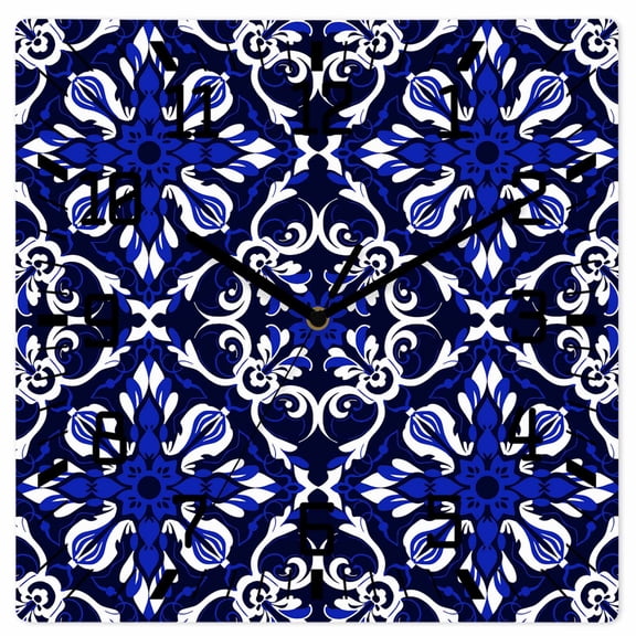 Blue Boho Floral, Wooden Wall Clock Silent Non Ticking, Abstract Oriental Bohemian Flower Square Wall Clocks Battery Operated, Decor Clock for Home Office, Living Room, Kitchen, 12 Inch