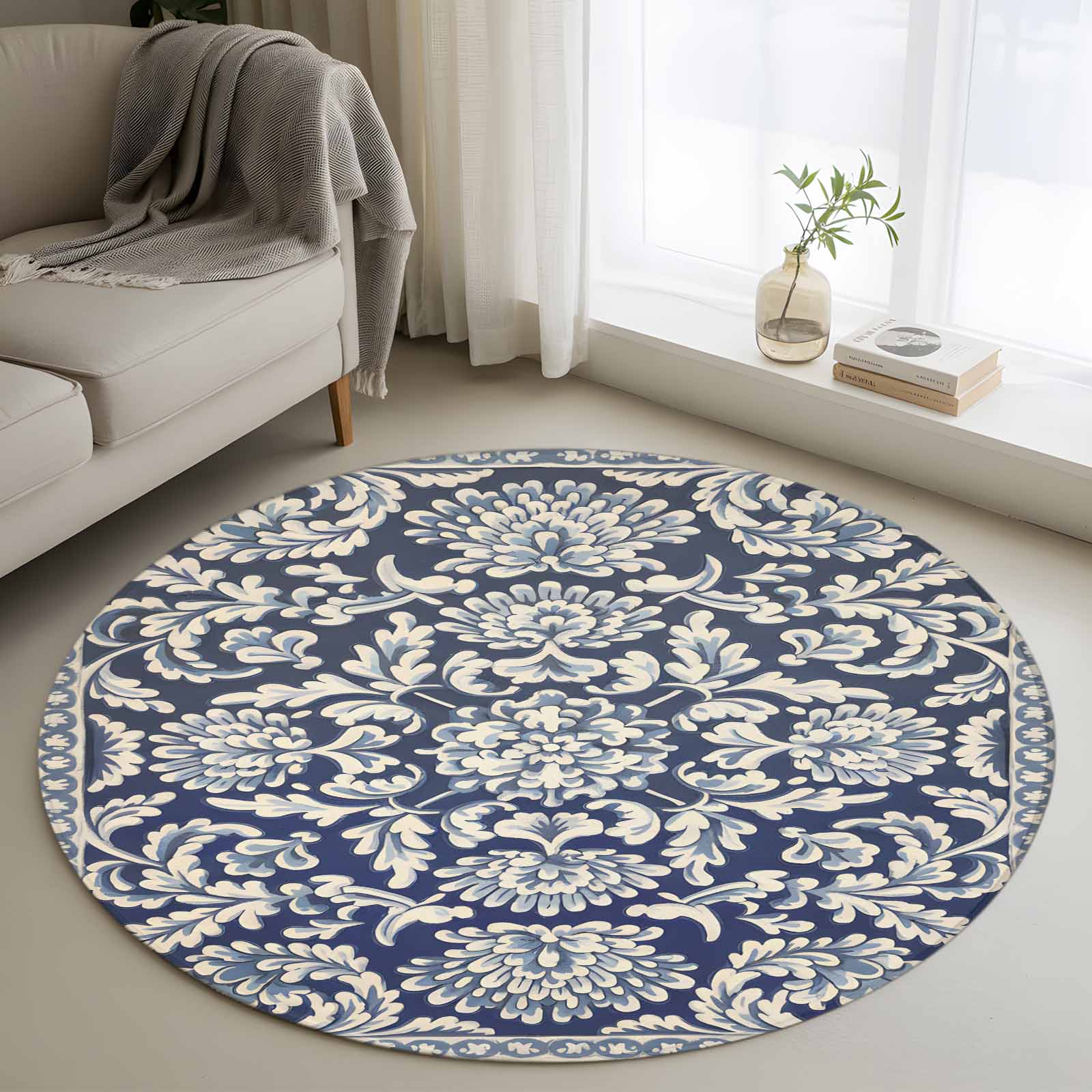 Blue Boho Flower Round Rug 3ft Washable Circle Entryway Rugs Non Slip ...