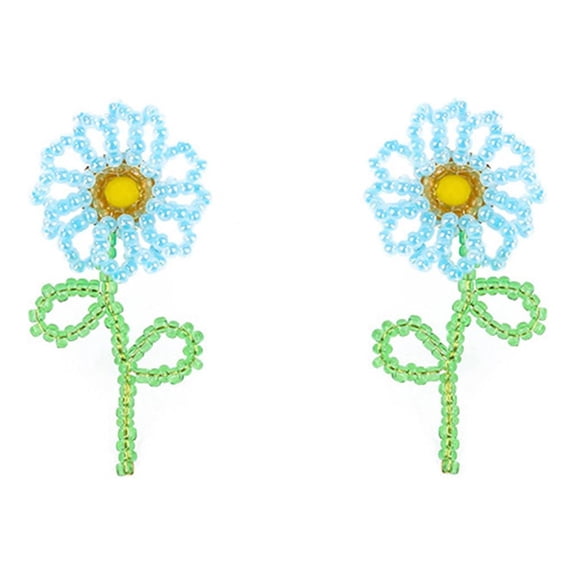 Blue Boho Flower Seed Beaded Drop Dangle Earrings for Women Handmade Rice Bead Floral Dangling Statement Earring