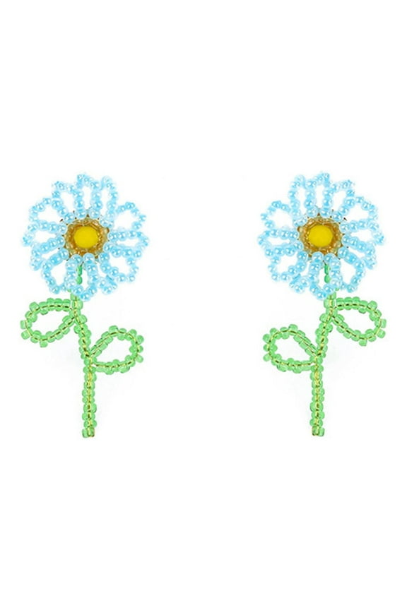 Blue Boho Flower Seed Beaded Drop Dangle Earrings for Women Handmade Rice Bead Floral Dangling Statement Earring