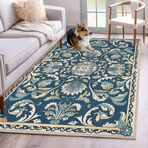 Blue Boho Flowers Area Rug 3x5 FT, Non Slip Entryway Bedside Carpet, Country Vintage Abstract Floral Washable Soft Floor Carpet Indoor Mat Non-Shedding Throw Rugs for Dorm Kitchen Home Office