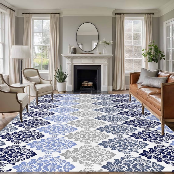 Blue Boho Flowers Area Rugs 5'x7', Small Throw Rugs for Laundry Room Playroom, Modern Luxurious Ombre Geometric Floral Indoor Outdoor Rug Non-Slip Low Pile Carpet Runner Reversible Floor Mats