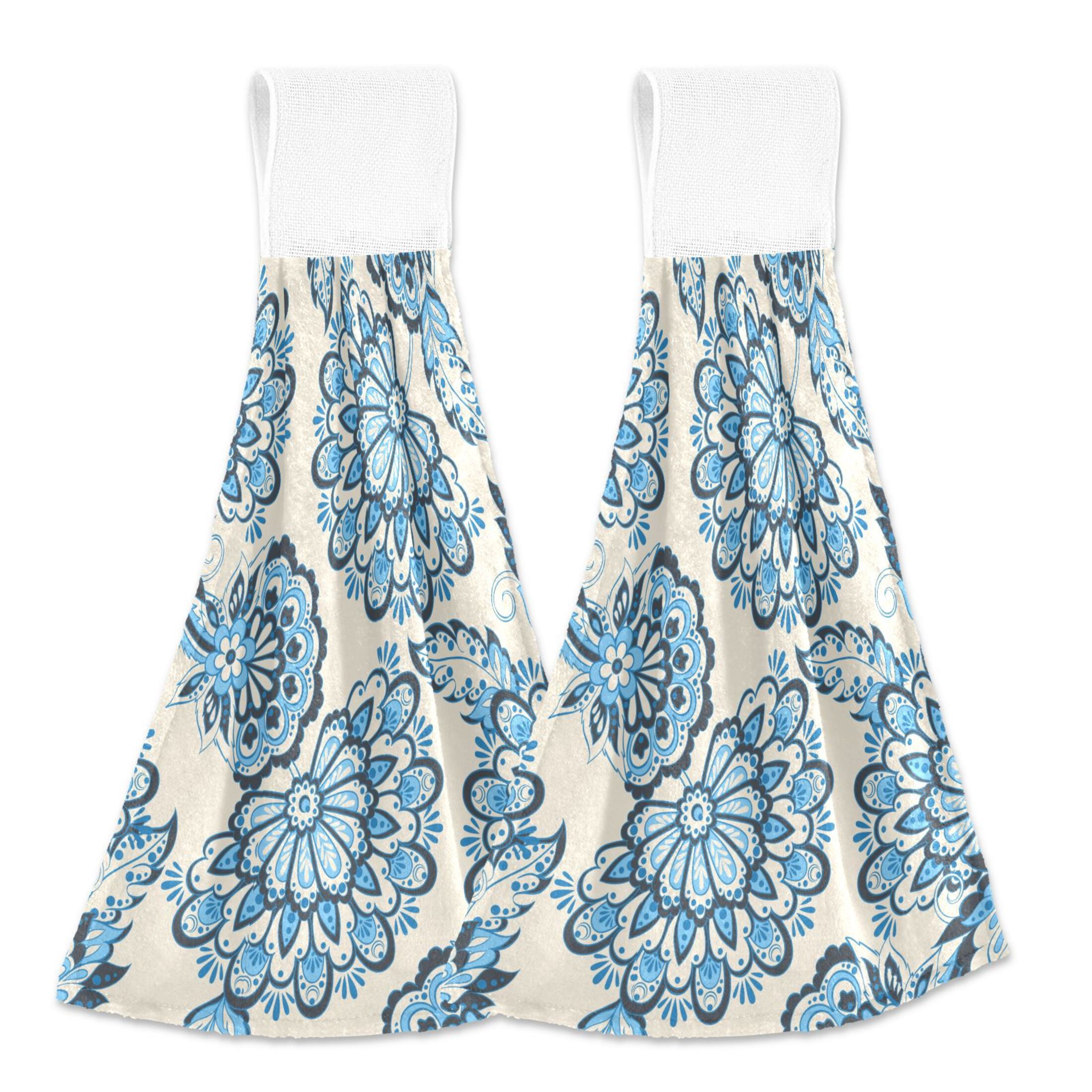 Blue Boho Flowers Bohomia 2pcs Bathroom Hanging Towels Velcro Soft Hand