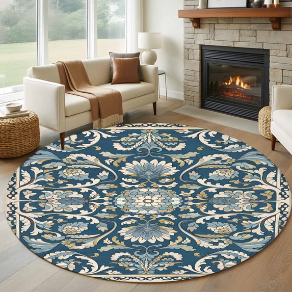 Blue Boho Flowers Round Rug 5ft Washable Circle Kitchen Rugs Non Slip Country Vintage Abstract Floral Large Area Rug Indoor Floor Carpet for Bedroom Living Room Home Office Dining Room Nursery