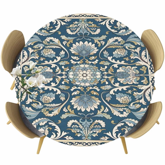 Blue Boho Flowers Round Tablecloth 45-54 Inch Round Fitted Table Cloth with Elastic Edge, Country Vintage Abstract Floral Waterproof Table Cover Protector for Outdoor Picnic Party Dining