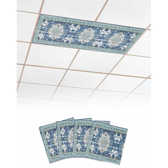 Blue Boho Fluorescent Light Covers for Ceiling Lights 4x2 feet,4 Pack Magnetic Light Filters for Classroom,Farmhouse Bohemian Medallion Oriental Flower Fluorescent Light Shade Panel for Office