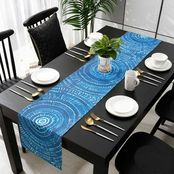 Blue Boho Geometric Cotton Linen Table Runner 14 x 72 inch Ombre Abstract Tie Dye Aesthetic Non-slip Rectangular Dining Table Decor for Wedding Party Holiday Dinner