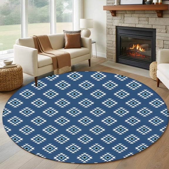 Blue Boho Geometric Round Area Rug 6 FT, Non Slip Bedroom Area Rug, Farmhouse Southwest Motifs Art Washable Soft Circular Carpet Non-Shedding Floor Mat for Kitchen Dining Room Home Office Kids Room