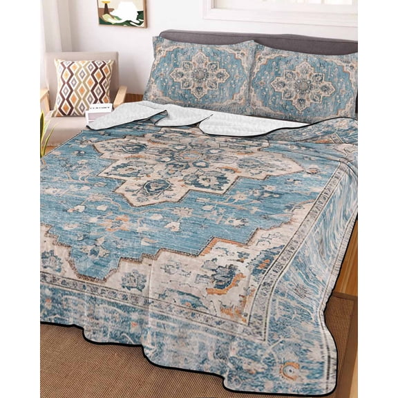 Blue Boho King Size Down Alternative Comforter, Lightweight Comforter Quilt Bedding Set with Pillow Shams Middle Century Abstract Art Western Geometric All Seasons Bed Comforter Duvet Insert 96"x106"