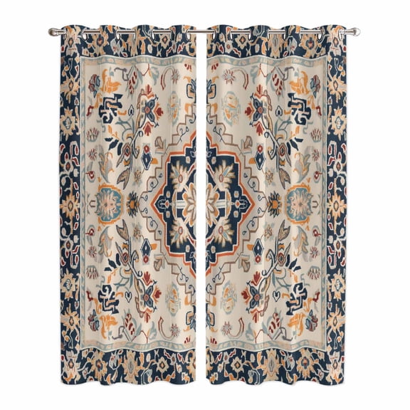 Blue Boho Kitchen Curtains 84 Inch Length, Ethnic Vintage Mexican Flowers Southwestern Grommet Top Bedroom Living Room Curtains, Light Filtering Cafe Curtain Drapes 2 Panels Set 84''x84''