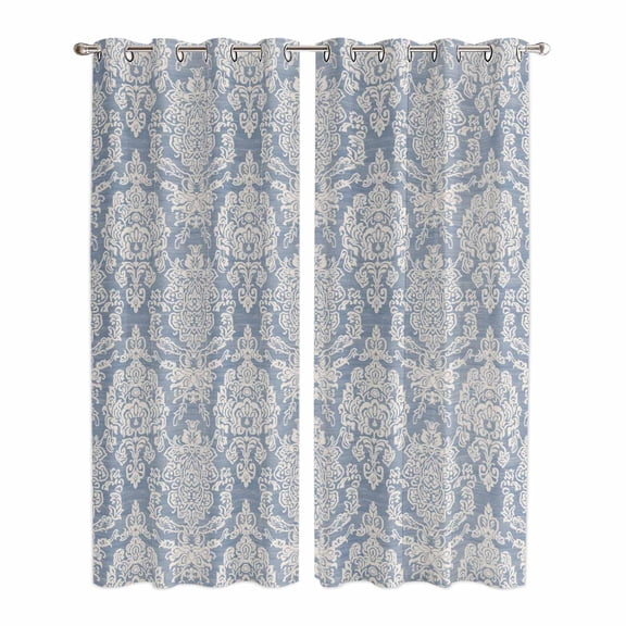 Blue Boho Kitchen Curtains 84 Inch Length, Vintage Mexican Ethnic Floral Southwestern Grommet Top Bedroom Living Room Curtains, Light Filtering Cafe Curtain Drapes 2 Panels Set 84''x84''
