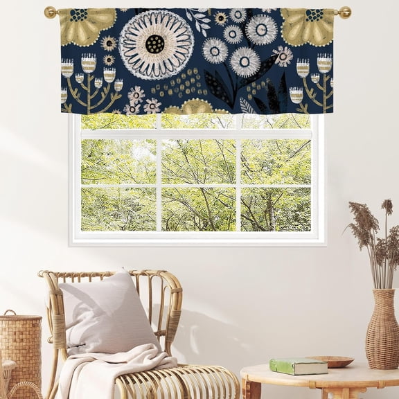 Blue Boho Kitchen Curtains Valances, Bohemian Flower Pattern Semi Sheer Kitchen Valances for Living Room, Plant Rod Pocket Short Window Treatment Decor, 52x18