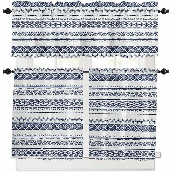Blue Boho Kitchen Curtains and Valances Set, Rod Pocket Curtains Tier Farmhouse Window Curtains 36 Inch Length, Abstract Ethnic Geometric Stripes Vintage 3 Piece Kitchen Curtains Set