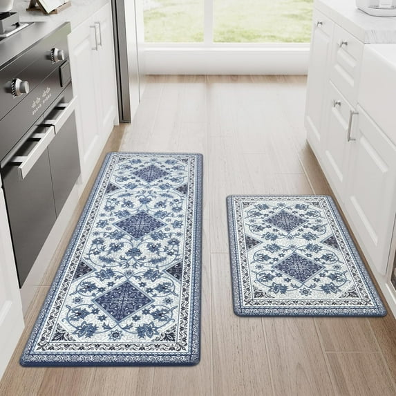 Blue Boho Kitchen Mats for Floor 2 Piece, Cushioned Anti-Fatigue Kitchen Rugs, Memory Foam Kitchen Rugs and Mats Non Skid Waterproof, Blue Retro Floor Comfort Mat, 18'''' x 48'''' + 18'''' x 30''''