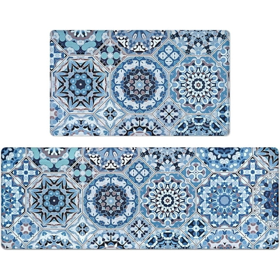 Blue Boho Kitchen Mats for Floor 2 Piece, Cushioned Anti Fatigue Mats for Kitchen Floor Mat, Blue Kitchen Rugs Set, Farmhouse Kitchen Floor Mat, Kitchen Rug and Mats Non Skid Waterproof