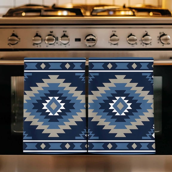 Blue Boho Kitchen Towels Set of 4, Aztec Southwest Abstract Geometric Motifs Absorbent Dish Towels for Kitchen, Microfiber Hand Towel, Quick Drying Tea Towel for Cleaning Decorative Dishcloths