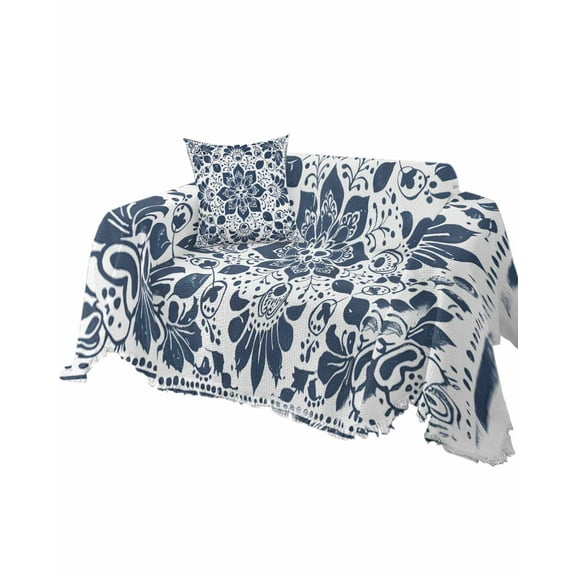 Blue Boho Mandala Floral Sofa Couch Covers for Dog,Washable Sectional Couch Slipcovers for Loveseat with Tassels,Western Rustic Tribal Ethnic Flower Non Slip Sofa Throw Cover Blanket Large 71x102
