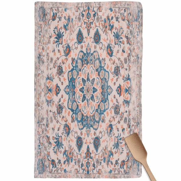 Blue Boho Orange Vintage Kitchen Towel Dish Cloths Set of 1, Microfiber Soft Kitchen Hand Towels, Southwestern Ethnic Mexican Flowers Absorbent Quick Drying Dishcloths 18 x 28 Inches