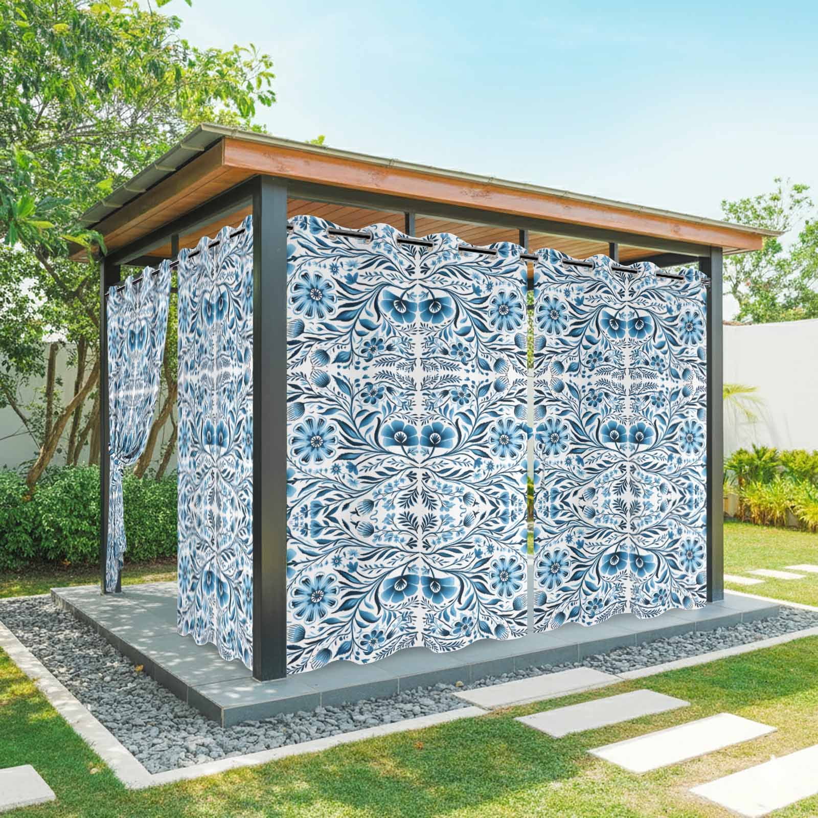 Blue Boho Outdoor Curtains for Patio Waterproof,Windproof Privacy ...