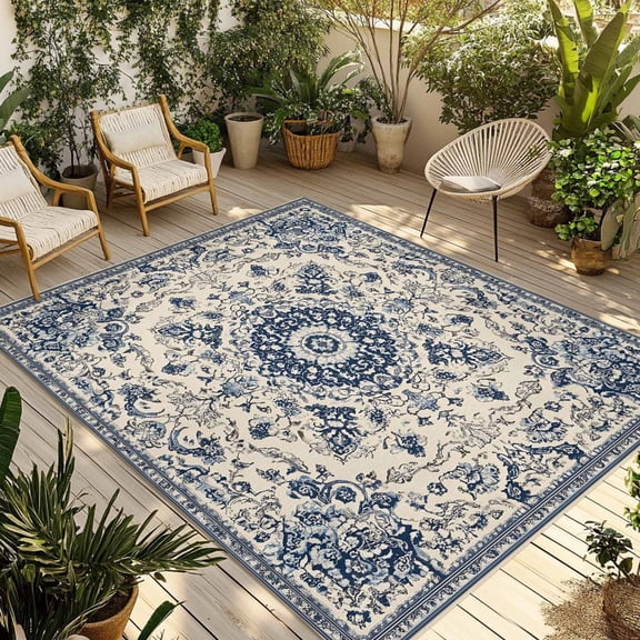 Blue Boho Outdoor Rug 4x6 Ft - Reversible Patio Rug Outdoor Camping Rugs, Rustic Southwestern Ethnic Geometric Washable Indoor Outdoor Area Rugs, Non-Slip Outdoor Carpet Runner for Deck/Porch