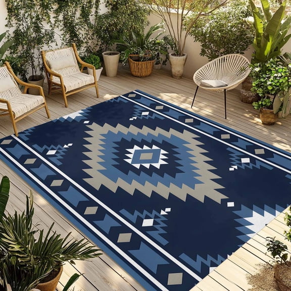 Blue Boho Outdoor Rug 5x7 Ft - Reversible Patio Rug Outdoor Camping Rugs, Aztec Southwest Abstract Geometric Motifs Washable Indoor Outdoor Area Rugs, Non-Slip Outdoor Carpet Runner for Deck/Porch