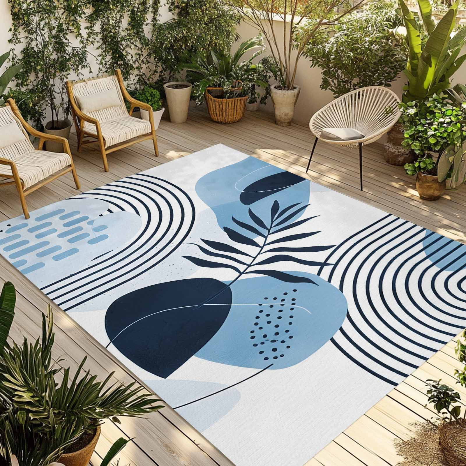 Medieval Rug Blue Blue Boho Outdoor Rug, Medieval Leaves Geometric Lines Abstract Non ...