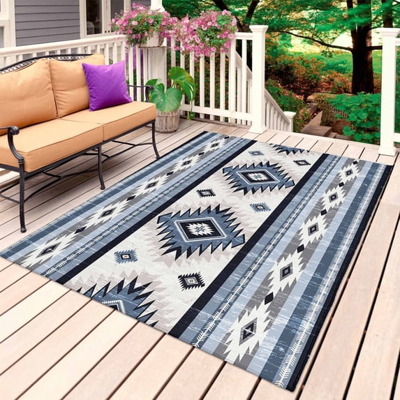 Blue Boho Outdoor Rug for Patio/Deck/Porch, Non-Slip Large Area Rug 3 x 5 Ft, Southwestern Ethnic Aztec Retro Geometric Indoor Outdoor Rugs Washable Area Rugs, Reversible Camping Rug Carpet Runner