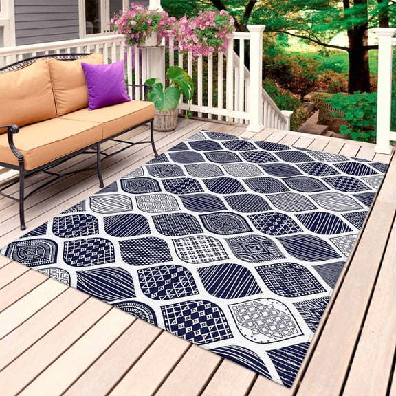 Blue Boho Outdoor Rug for Patio/Deck/Porch, Non-Slip Large Area Rug 4 x 6 Ft, Vintage Country Ethnic Abstract Gingham Indoor Outdoor Rugs Washable Area Rugs, Reversible Camping Rug Carpet Runner