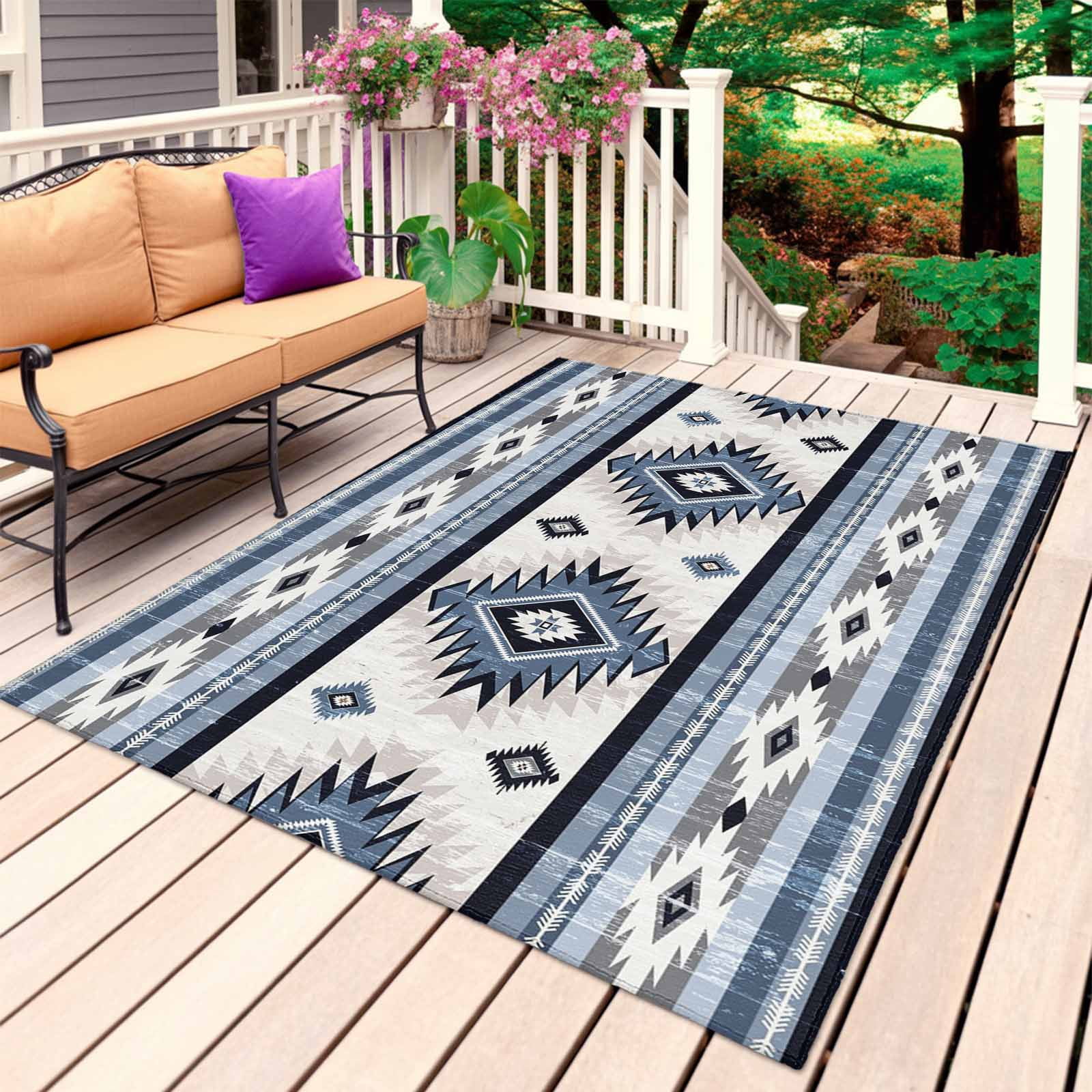Blue Boho Outdoor Rug for Patio/Deck/Porch, Non-Slip Large Area Rug 5 x 8 Ft, Southwestern Ethnic Aztec Retro Geometric Indoor Outdoor Rugs Washable Area Rugs, Reversible Camping Rug Carpet Runner
