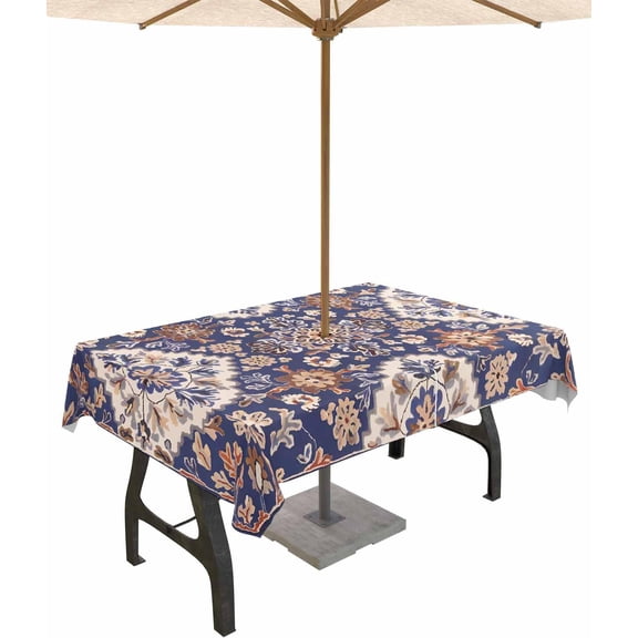 Blue Boho Outdoor Tablecloth with Umbrella Hole Rectangle,Farmhouse Neutral Flowers Pattern Aesthetic Waterproof Table Cloth Washable Wipeable Cover Spill Proof for Patio Summer Picnic BBQ 60x84