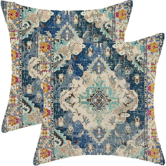 Blue Boho Pillow Covers 20x20 Set of 2, Persian Carpet Monaco Rug Design Decorative Boho Throw Pillows Linen Farmhouse Bohemian Cushion Pillow Covers for Sofa Couch Outdoor Decor