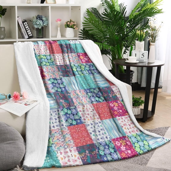 Blue Boho Pioneer Flower Patchwork Pattern Blanket,Comfortable Soft Lamb Wool Throw Blanket,All Season,Warm Lightweight Blankets for Sofa Bed Couch Living Room Chair,60"x80"